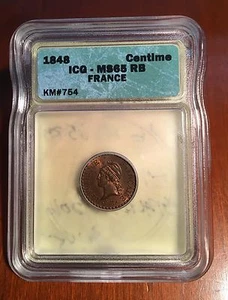 FRANCE  1848  1 CENTIME COIN GEM UNCIRCULATED, ICG CERTIFIED MS-65-RB - Picture 1 of 3