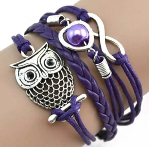 Owl Infinity Bracelet 8" Purple Leather Cute Jewelry Accessory Adjustable - Picture 1 of 12