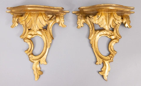 Pair of Vintage Mid 20th Century Italian Carved Gilt Wood Wall Brackets Shelves Cover