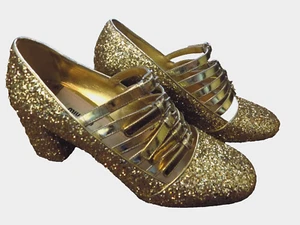 Miu Miu Gold glitter 2.5" low chunky heel mary jane Multi Buckle Straps EUC 39 9 - Picture 1 of 15