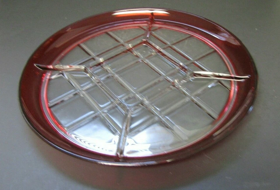 Clear Glass Ruby Red Flashed Stained Rim Divided Platter Server Tray 5 Sections - Image 1 of 4