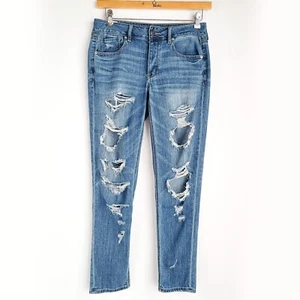 American Eagle Tom Girl Destroyed Distressed Jeans Womens 4 Tapered Stretch Blue - Picture 1 of 10