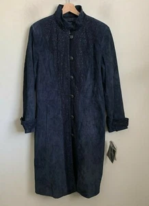 Terry Lewis Coat Navy Leather Suede Buttons Lace Trim Pockets Lined Size M NEW - Picture 1 of 12