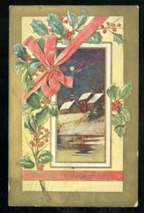 1910 alte Weihnachts Postkarte ROTES BAND UM BILDERRAHMEN geprägt verschickt - Bild 1 von 2
