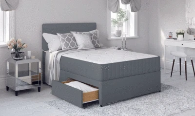 Grey Divan Bed with Memory Foam Mattress & Headboard 3FT Single 4FT6 Double 5FT