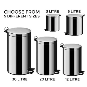 STAINLESS STEEL SILVER KITCHEN BATHROOM TOILET RUBBISH PEDAL BIN 3 5 12 20 & 30L - Picture 1 of 9