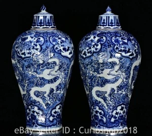 19.2" Old China Dynasty Blue Whie Porcelain Dragon Hexagonal Prunus Bottle Pair - Picture 1 of 9