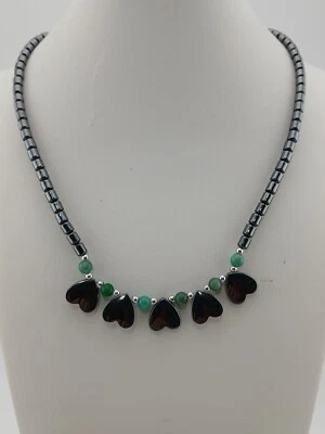 NEW OLD STOCK vintage Hematite green cats eye beads hearts pendant necklace  - Image 1 of 4