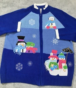 VTG Tiara International 3 Tone Blue Snowmen L/S Full Zip Womens Sweater SZ MED - Picture 1 of 8