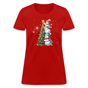 Cute Snowman Decorating Christmas Tree Women's Contoured T-Shirt - Picture 1 of 50