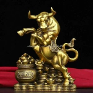 9 inch brass home feng shui treasure cornucopia Wealth fortune animal ox bull - Picture 1 of 9