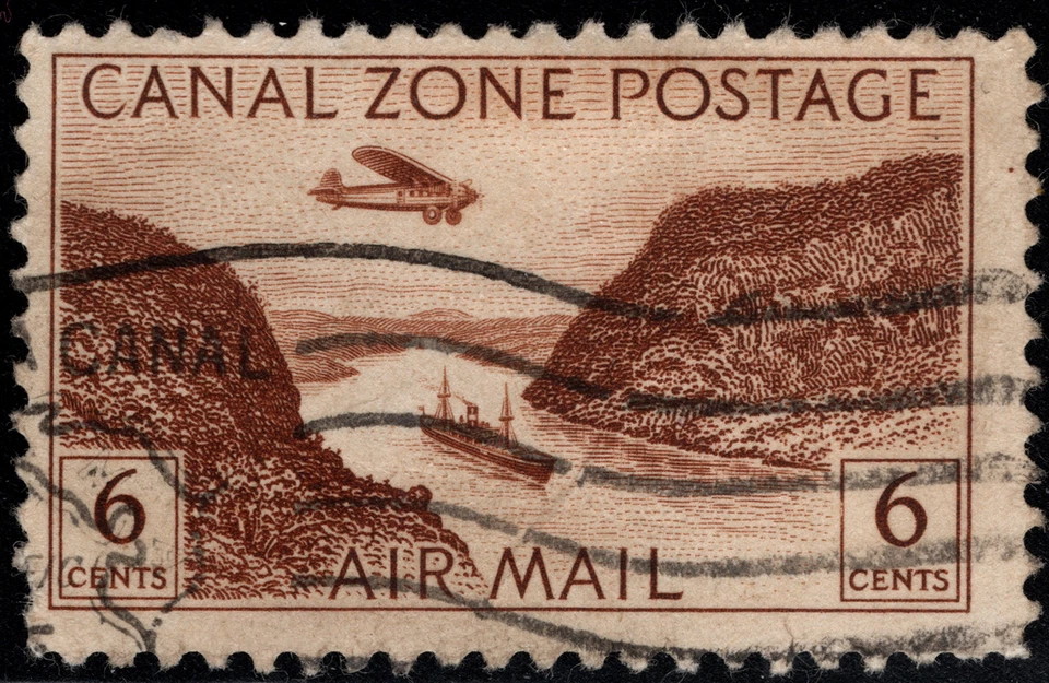 Canal Zone Stamp Scott # C8 Used F-VF - 6 Cents Yellow Brown Gaillard Cut Issue - Image 1 of 1