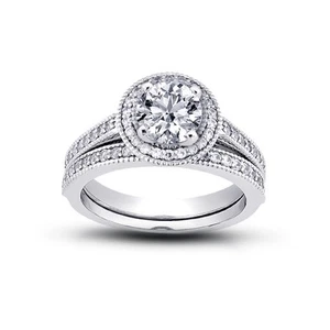 1.45ct G-SI1 Round Natural Certified Diamonds 18k Halo Ring with Wedding Band - Picture 1 of 4