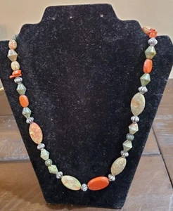 Polished Stone Necklace With Silver Tone Metal Beads Multicolor Earth Tones 20" - Picture 1 of 8