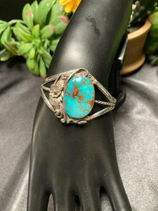 Bulbous #8 Turquoise Gemstone Vintage Navajo Sterling Silver Cuff Bracelet - Picture 1 of 19