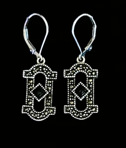JUDITH JACK 925 Sterling Silver Marcasite Onyx Drop Earrings Pierced Art Deco - Picture 1 of 6