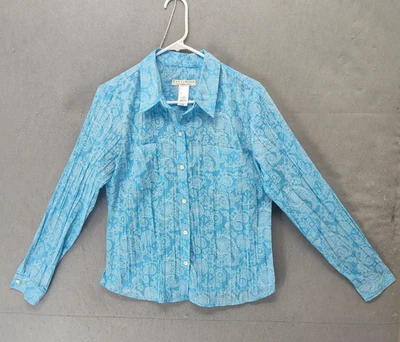 Crazy Horse 衬衫女式大号蓝色佩斯利纽扣长袖轻便上衣 — 第 1/4 张图片