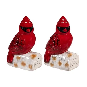 Holiday Poinsettia Salt & Pepper Shakers Ceramic Cardinal on Log, Set of 2 - Picture 1 of 5