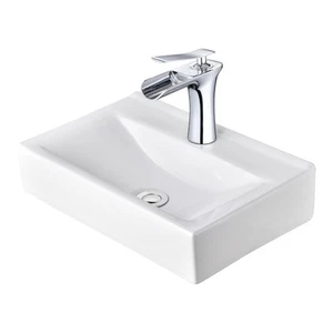 Aquaterior Wall Mount Ceramic Sink w/ Modern Bathroom Faucet Waterfall Spout - Picture 1 of 9