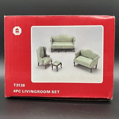 Town Square Miniatures 4 Piece Living Room Set Green Damask Upholstery W/ Box - Image 1 of 4