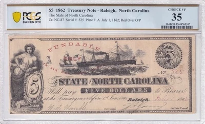 1862 $5 Treasury Note State Of North Carolina Raleigh PCGS VF35 - Image 1 of 2