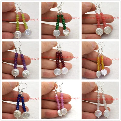 2x4mm Natural Rondelle Gems & White Coin Pearl Dangle Silver Hook Earrings AAA - Image 1 of 4