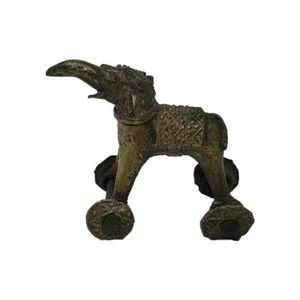 Antique Indian Cast Brass Iron Devotional Shrine Temple Pull Toy Elephant Wheels - Picture 1 of 8
