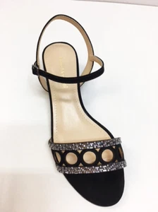 New Bruno Low Heel Nubuck Leather Womens Black Dress Sandals Shoes Crystal Beads - Picture 1 of 2