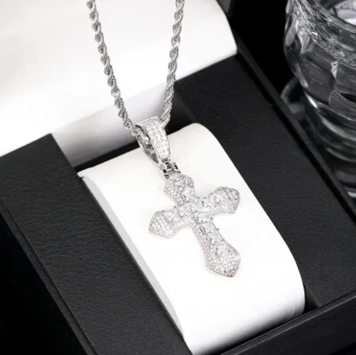 Collar Cadena Cuerda 24" Colgante Cruz Crucifijo Plata Brillante Helado Cadena Foto 1 de 3