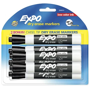 Expo Dry Erase Markers Chisel Tip Low Odor Ink Black- 6 Pack (Fast Shipping) - Picture 1 of 11