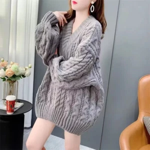 Women V Neck Cute Knitted Pullovers Casual Loose Long Sleeve Jumper Sweaters - Picture 1 of 9