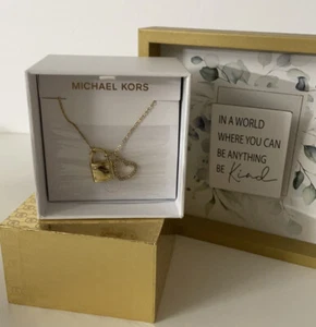🐼💦 MICHAEL KORS 🐼💦 MKJX7398710 Gold Double Heart Lock Charm Necklace 🐼 D54 - Picture 1 of 6