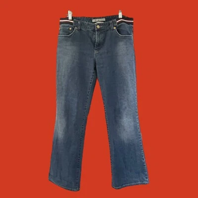 Pantalones de mezclilla de colección raros Y2K Tommy Hilfiger logotipo a rayas cintura tiro bajo corte bota talla 12 Foto 1 de 4