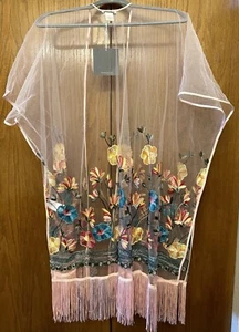 NWT Haute Hippie Sexy Boudoir Wrap Embroidered Fringe Bed Jacket Kimono Sheer OS - Picture 1 of 15