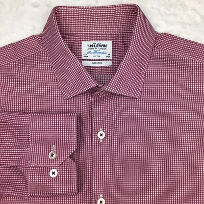 T.M. Camisa de Vestir Lewin Para Hombre 17.5 Roja Micro Cuadros Ajustada Sin Planchar Mangas Largas Foto 1 de 4
