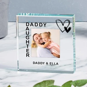 Personalised Daddy & Daughter Glass Photo Block Token Father's Day Dad Birthday - Picture 1 of 4
