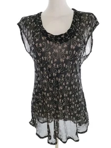 The Masai  Size M Black Tunic Blouse Short Sleeve Floral Leaves - Picture 1 of 5
