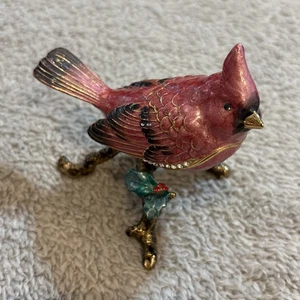 Caja de baratija cardenal con joyas pájaro rojo esmaltado con bisagras estatuilla rama de vacaciones - Imagen 1 de 15