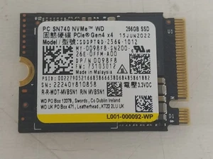 Western Digital SN740 SDDPTQD-256G 256 GB NVMe 30mm Solid State Drive - Picture 1 of 6