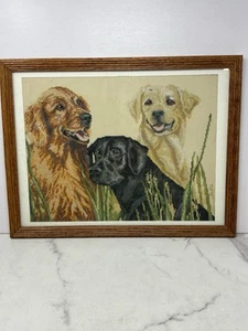 Fertig Kreuzstich gerahmt drei Jagdhunde Labore Golden Retriever 1987 - Bild 1 von 8
