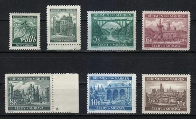 Bohemia & Moravia 1940 MNH Mi 55-61 (includ. 59 Pl.-St.) Architecture ** - Image 1 of 2