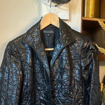 Lafayette 148 New York Black Crinkle Look Faux Leather Acetate Jacket Size 6 P - Image 1 of 4
