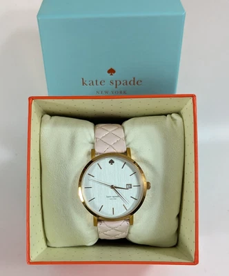 Kate Spade Live Colorfully Metro Grand Watch Gold Tone Case Pink Leather Strap - Image 1 of 4