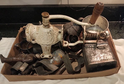 Antique Box Lot Metal Stuff Kitchen , Pewter , Tin ,Cast Iron , Coffee Mill MORE - Image 1 of 4
