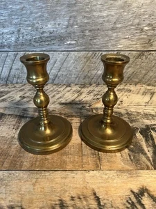 Vtg Heavy Brass Candle Stick Holders Set Of 2 MCM 5” - Picture 1 of 10