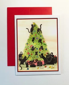 Gatos trepando y jugando en el árbol de Navidad, alegre, rojo, tarjeta #99 - Imagen 1 de 3