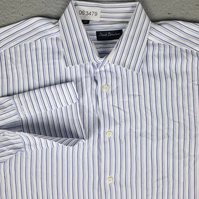 Camisa David Donahue Para Hombre 17.5 Azul Rayas Puño Francés Vestido Abotonado Foto 1 de 4