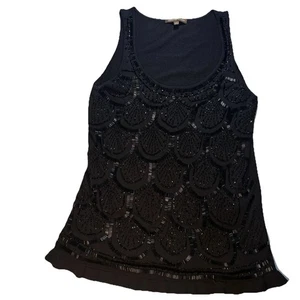 Adrienne Vittadini Top L schwarz Pailletten Perlen Y2K ärmellos Cocktail Urlaub Vintage - Bild 1 von 7