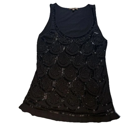 Top Adrienne Vittadini L Negro Lentejuelas Cuentas Y2K Sin Mangas Cóctel Vacaciones De Colección Foto 1 de 4