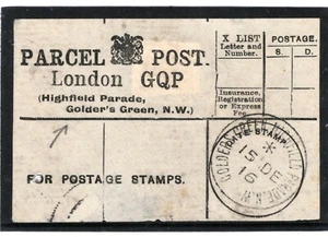 GB KEVII PAQUETE ETIQUETA POSTAL *VERDE DORADO* Oficina Escasa Middx 1916 71,8 - Imagen 1 de 4
